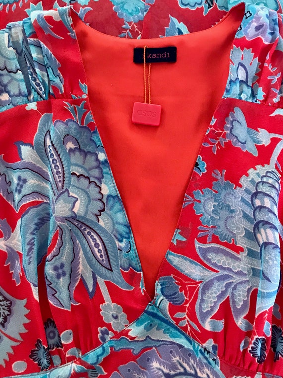 30s Style Chiffon Maxi Dress, Blue & Red Boho Hip… - image 10
