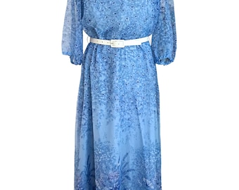 Vestido largo de gasa azul con cuello vuelto y estampado floral de los años 60 y 70, estilo bohemio, hippie, para invitados a bodas, fiestas en el jardín, festivales de verano, tallas M a L