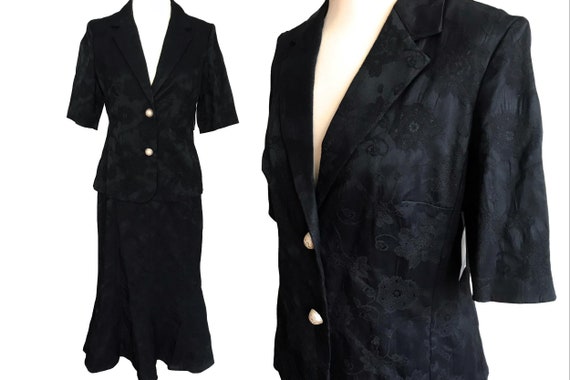 90s Black Cotton Jacquard Jacket & Skirt Suit, 40s