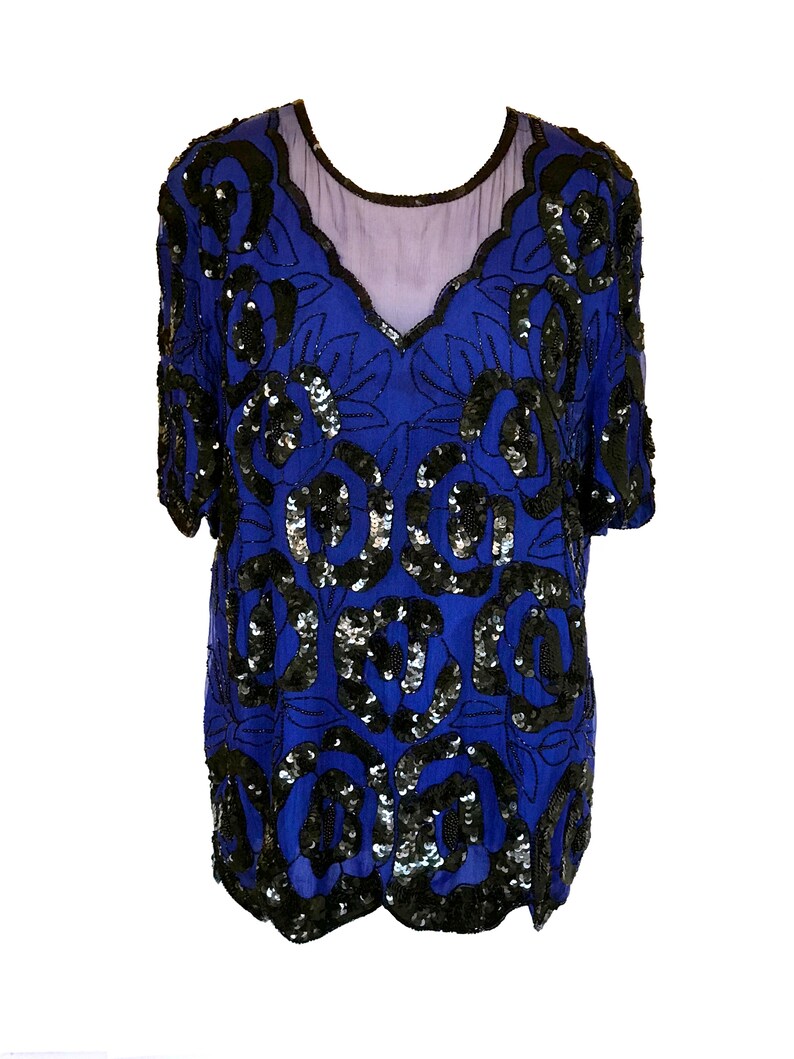 80s Vintage Blueberry Wine Art Deco Silk Sequinned Scallop Edge Mardi Gras Festival Top Long Tunic Dress Large