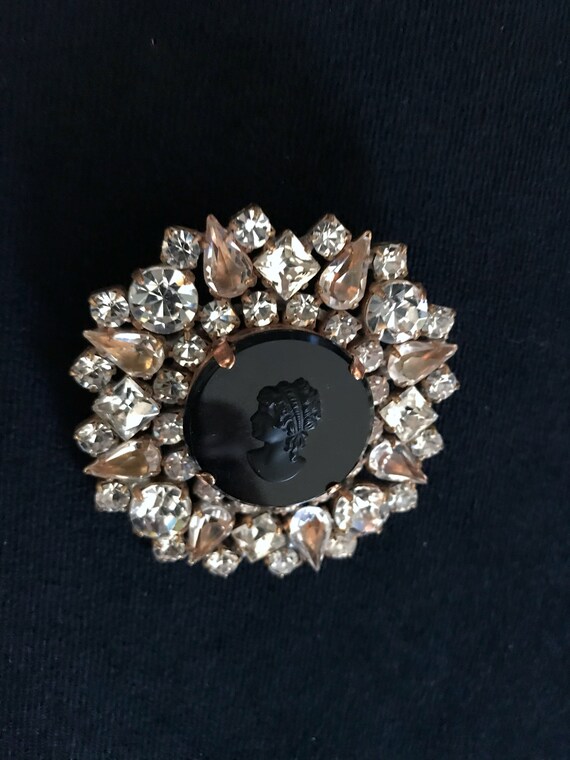 Old Czech Crystal Glass Black Cameo Brooch, Victo… - image 9