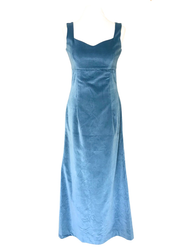 50s-60s Cornflower Blue Cotton Velvet Empire Waist Sweetheart Sleeveless Column MOD Evening Prom Party Occasion Wedding Races Maxi Dress