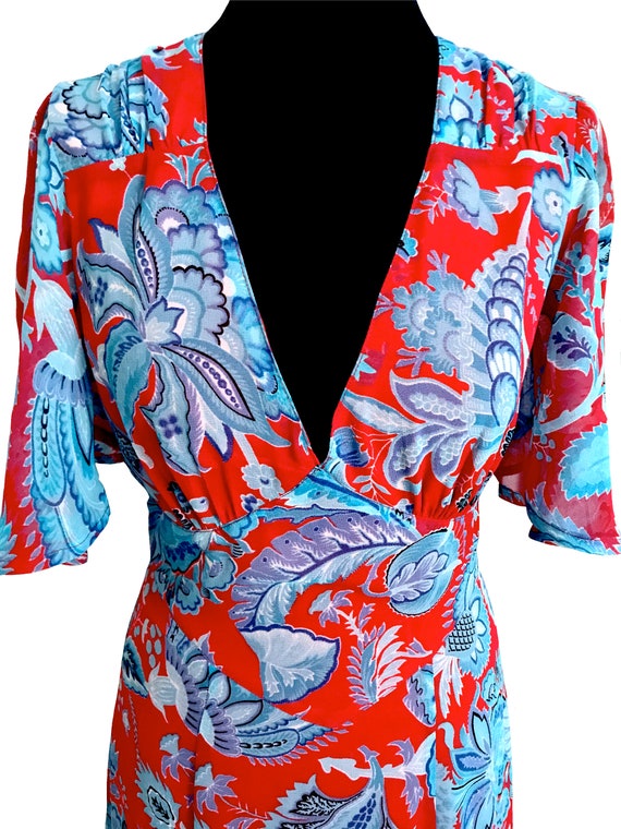 30s Style Chiffon Maxi Dress, Blue & Red Boho Hip… - image 3