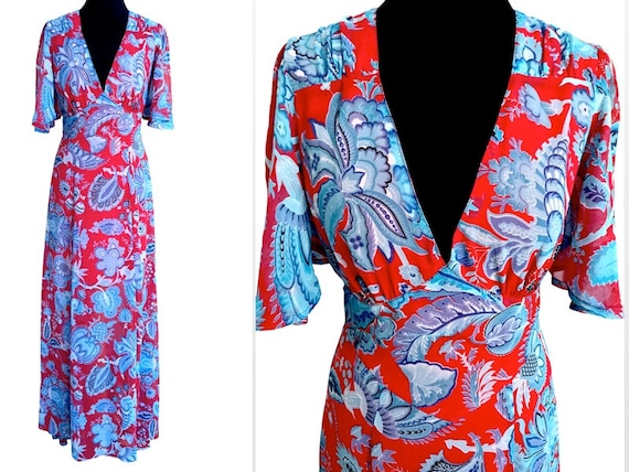 30s Style Chiffon Maxi Dress, Blue & Red Boho Hip… - image 1