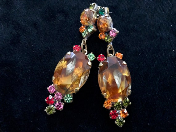 Old Czech Crystal Glass Drop Earrings, Xmas Honey… - image 7
