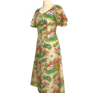 70s Silk Beige Pink Blue Flute Sleeve Dress, Floral Layered Flared Sleeve Day Tea Midi Dress, Summer Party Prom Cocktail Wedding Races Dress