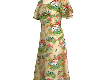 70s Silk Beige Pink Blue Flute Sleeve Dress, Floral Layered Flared Sleeve Day Tea Midi Dress, Summer Party Prom Cocktail Wedding Races Dress