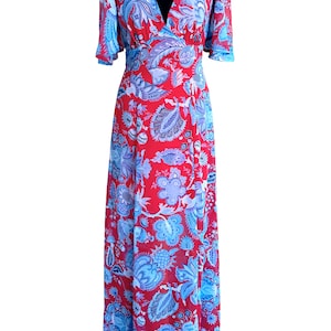 30s Style Chiffon Maxi Dress, Blue & Red Boho Hippie Floral Print Festival Dress, Summer Evening Occasion Cruise Prom Garden Party Dress S