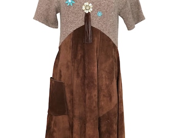 70s LAURA ASHLEY Knitted Suede Leather Dress, Lambswool Flower Trim Top Suede Leather Skirt, Wild West Americana Cowgirl Prairie Midi Dress