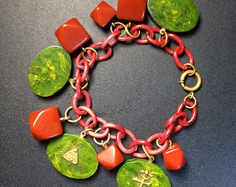 30s Vintage OOAK BAKELITE & Celluloid Charm Bracelet Tested Authentic