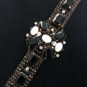 Art Deco Style Crystal & Moon Glass Bracelet, Jet Black Clear Rhinestone Old Czech Link Bracelet, Evening Party Prom Carnival Panel Bracelet