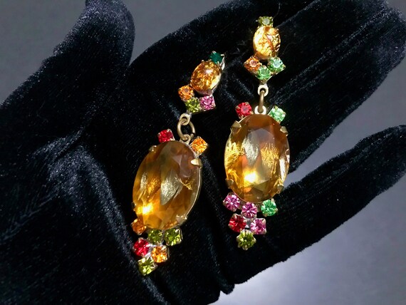 Old Czech Crystal Glass Drop Earrings, Xmas Honey… - image 1