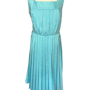 50s-60s Aqua Turquoise Blue Duck Egg Dress, Wool Blend All Pleated Sleeveless Day Dress, Blue Wool Rockabilly Summer Occasion Tea Dress