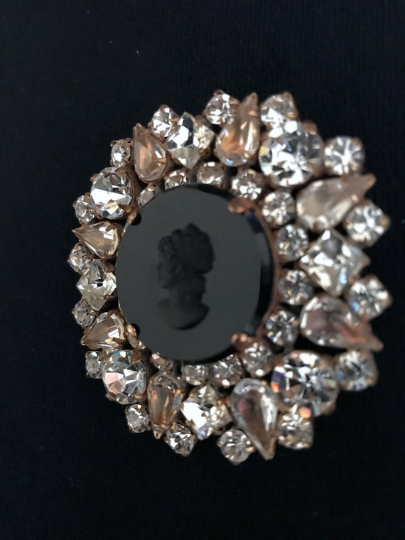 Old Czech Crystal Glass Black Cameo Brooch, Victo… - image 7