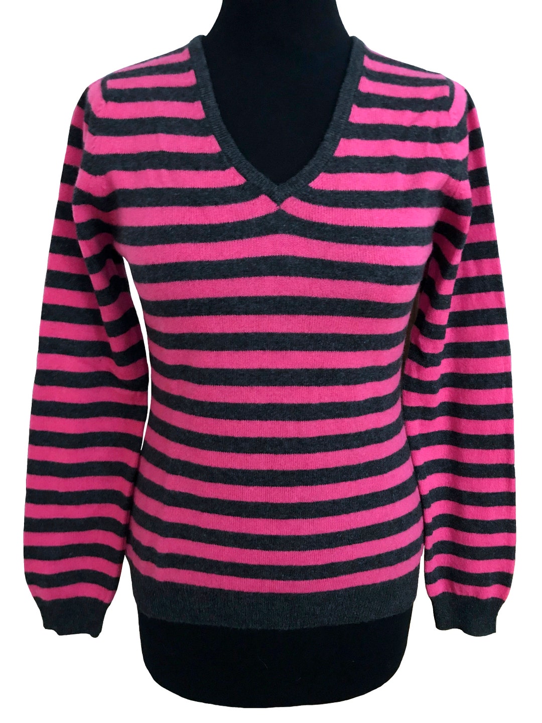 100% Cashmere Hot Pink Charcoal Grey Striped Sweater, Vintage Cashmere  Pullover, V-neck Cashmere Nautical Sailor Style Street Jumper XS-S