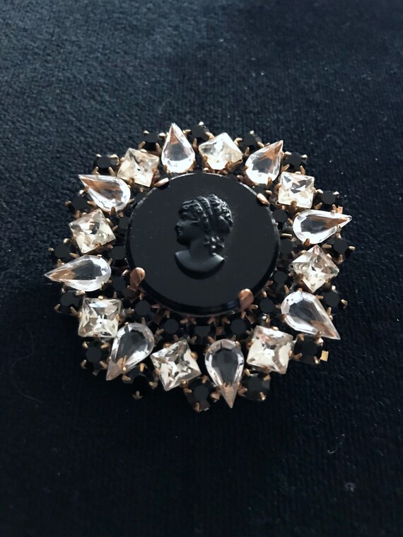 Old Czech Crystal Glass Black Cameo Brooch, Victo… - image 6