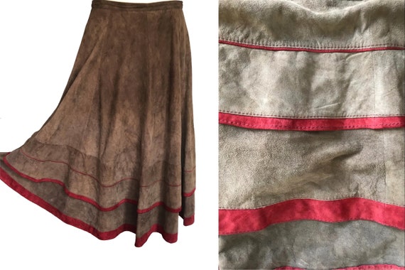 80s Genuine Suede Butter Leather Swing Skirt, Beig