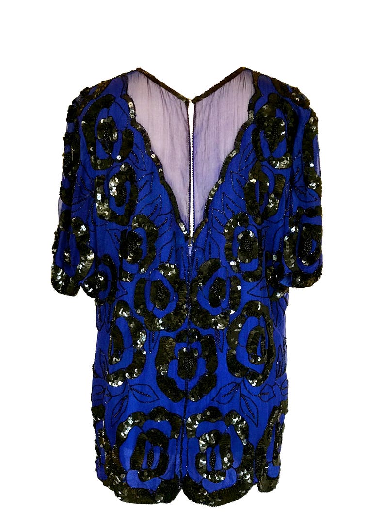 80s Vintage Blueberry Wine Art Deco Silk Sequinned Scallop Edge Mardi Gras Festival Top Long Tunic Dress Large