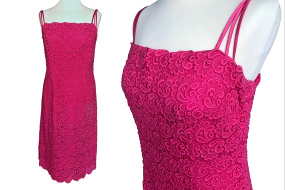 60s Hot Bubblegum Pink Cotton Lace MOD Dress, Mes… - image 1