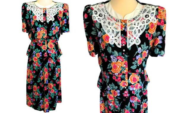 80s does 40s Black 2 piece Floral Midi Dress, Red