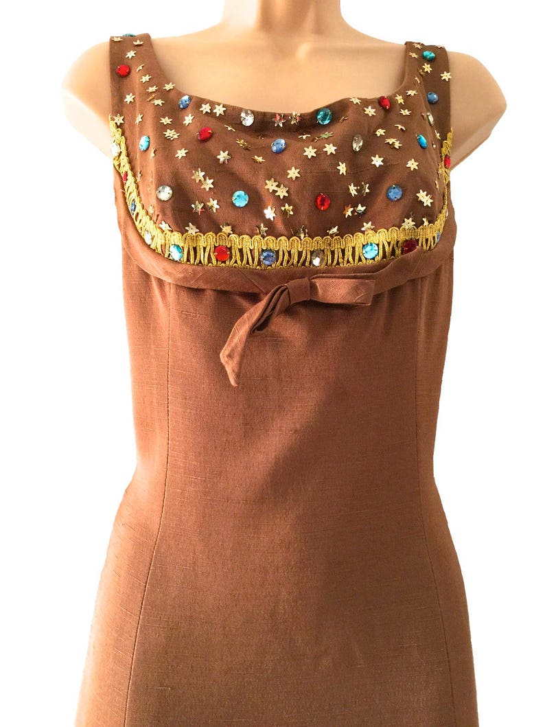 Raw Shot Silk Brown Gold Dress Prom Xmas New Year Party Dress Rhinestone Embellished Evening Dress 60s 100/% Silk Spicy Caramel MOD Dress