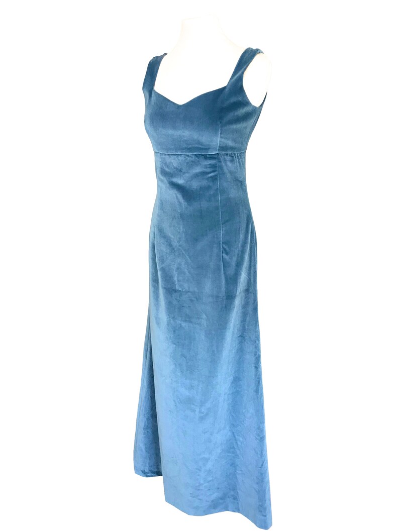 50s-60s Cornflower Blue Cotton Velvet Empire Waist Sweetheart Sleeveless Column MOD Evening Prom Party Occasion Wedding Races Maxi Dress
