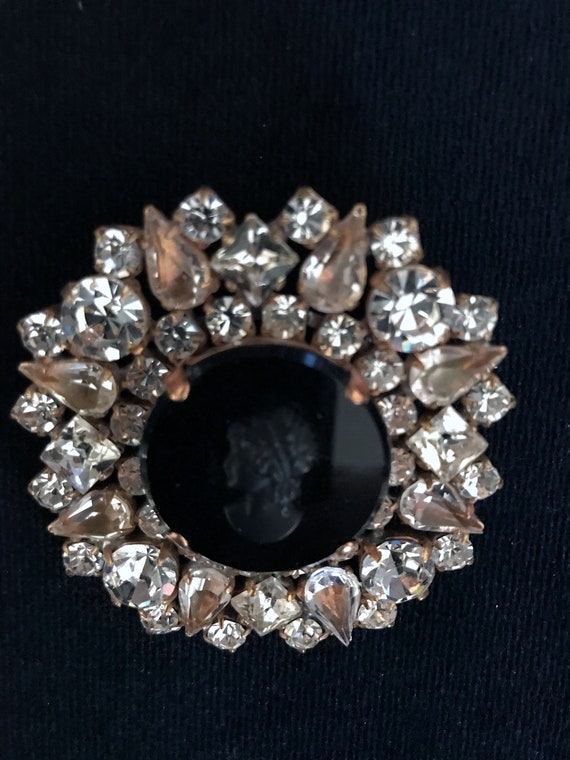 Old Czech Crystal Glass Black Cameo Brooch, Victo… - image 5