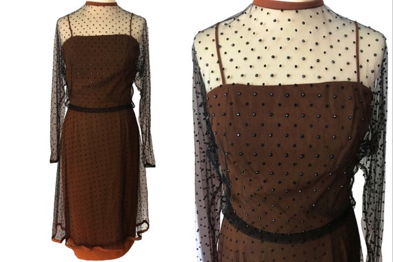 50s 60s Black Lace Net Mesh Overlay Dress, Rust B… - image 1