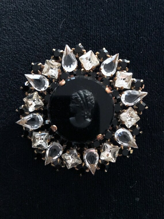 Old Czech Crystal Glass Black Cameo Brooch, Victo… - image 8