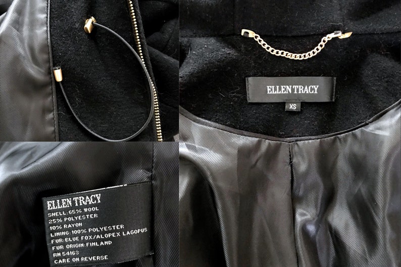 Black Wool Real Fur Trim Ladies Hooded Car Coat Ellen Tracy Black Wool Scandinavian Fox Trim Hooded Zip Parka Fitted Jacket Short Over Coat
