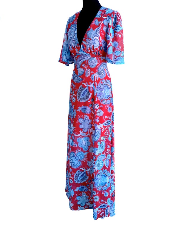 30s Style Chiffon Maxi Dress, Blue & Red Boho Hip… - image 6