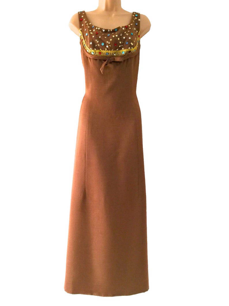 Raw Shot Silk Brown Gold Dress Prom Xmas New Year Party Dress Rhinestone Embellished Evening Dress 60s 100/% Silk Spicy Caramel MOD Dress