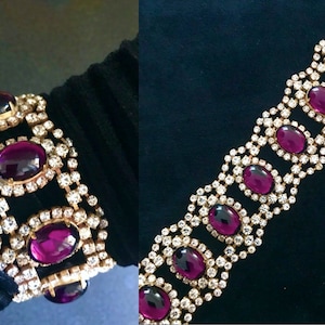 Art Deco Style WIDE Crystal Glass Bracelet, Purple Clear Wedding Dazzling Old Czech Bridal Link Bracelet, Pageant Party Panel Gift Bracelet