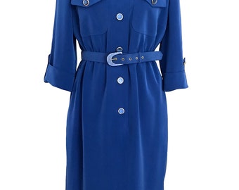 80s Teal Petrol Blue Urban Day Dress, Military Style Button Down Dress, Combat Dress Pockets & Belt, Career Secretary Business Shirt Dress M