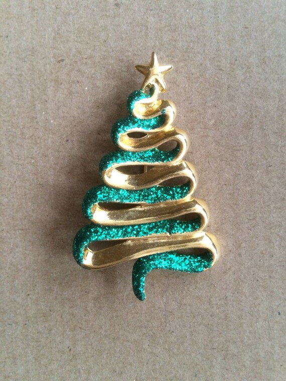 70s Danecraft LARGE Green Xmas Tree Brooch, Glitt… - image 3