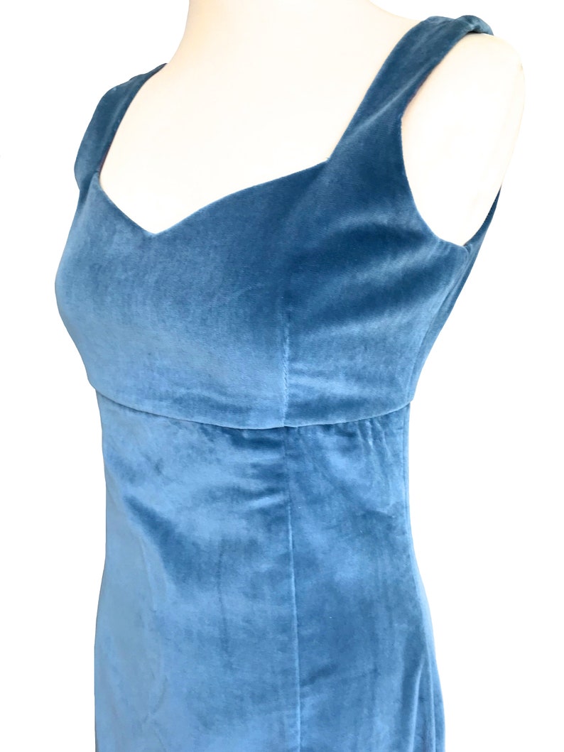 50s-60s Cornflower Blue Cotton Velvet Empire Waist Sweetheart Sleeveless Column MOD Evening Prom Party Occasion Wedding Races Maxi Dress