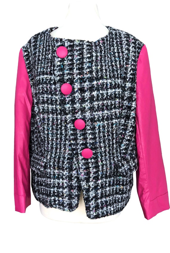 80s Hot Pink Faux Leather Tweed Wool Jacket, Plus… - image 2