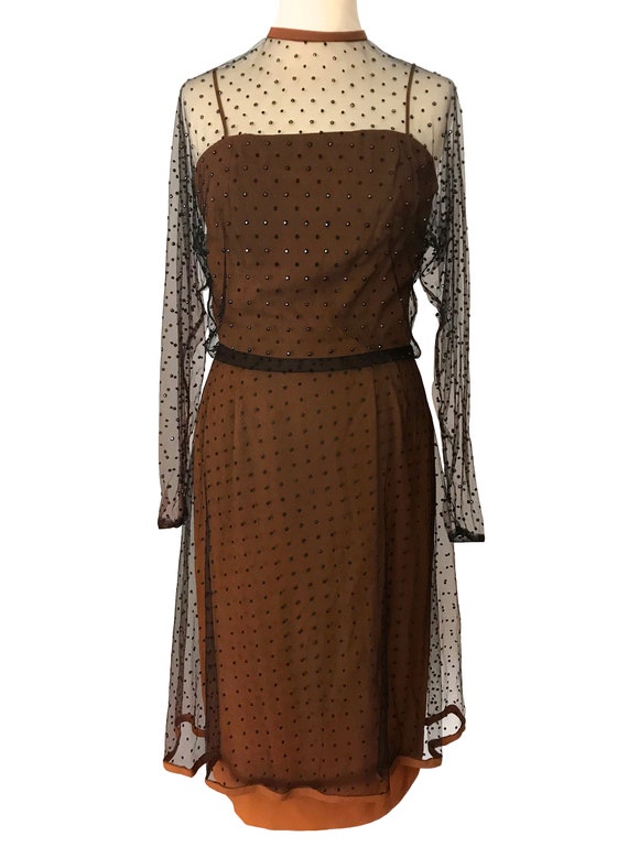 50s 60s Black Lace Net Mesh Overlay Dress, Rust B… - image 2