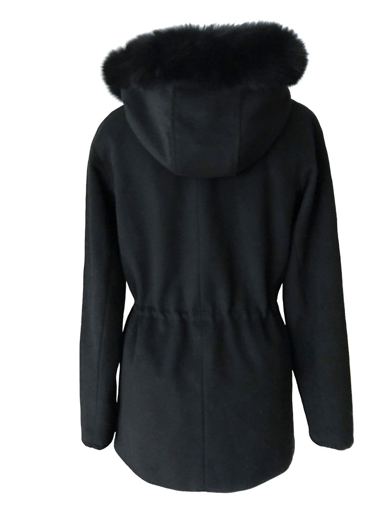 Black Wool Real Fur Trim Ladies Hooded Car Coat Ellen Tracy Black Wool Scandinavian Fox Trim Hooded Zip Parka Fitted Jacket Short Over Coat