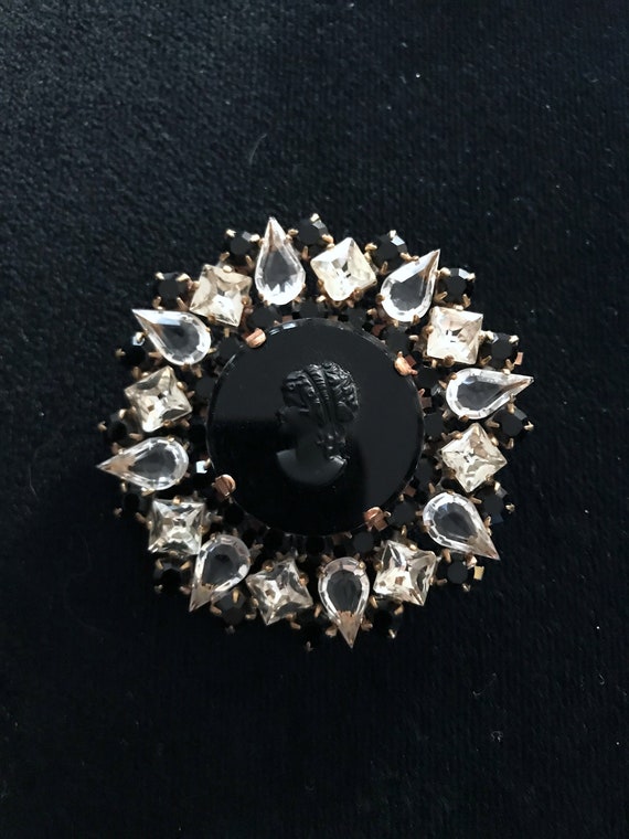 Old Czech Crystal Glass Black Cameo Brooch, Victo… - image 5