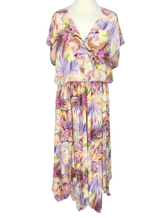 80s Pastel Colours Floral Tropical Print Kimono Dress, Viscose Dolman Capped Sleeve Low Cut Out Back Handkerchief Hem Blouson Summer Dress