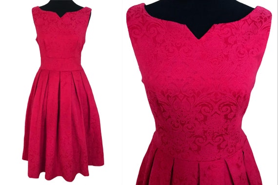 50s Style Pink Raspberry Jacquard Xmas Dress, Swee