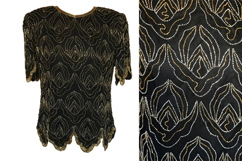 80s Silk Black Silver Gold Beaded Party Top, Xmas Sequinned Scalloped ...