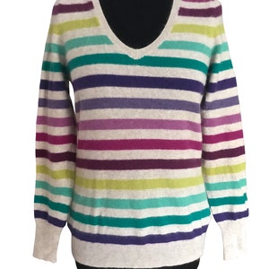 100% Thick Cashmere Striped Sweater Pullover, Rainbow Stripes Purple Pink Green Blue Teal Yellow Vintage Cashmere, V-Neck Cashmere Jumper M