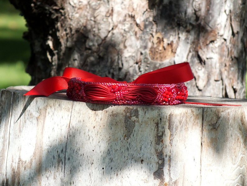 Red Shibori Silk Choker Necklace, Beaded Bohemian Jewelry image 5