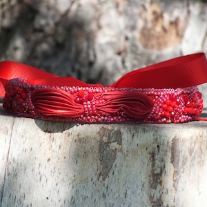 Red Shibori Silk Choker Necklace, Beaded Bohemian Jewelry image 1