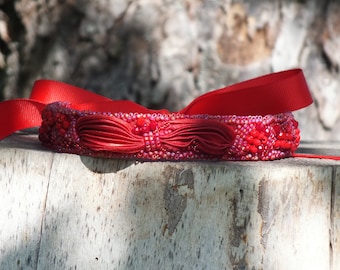 Red Shibori Silk Choker Necklace, Beaded Bohemian Jewelry