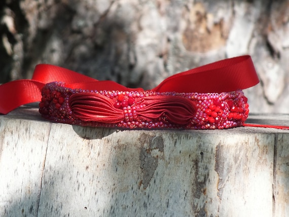 Red Shibori Silk Choker Necklace, Beaded Bohemian Jewelry