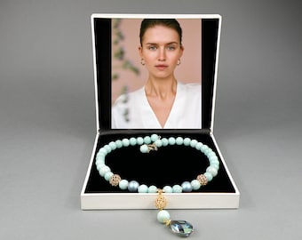 Blue Jade Crystal Pendant Necklace, 24K Gold Plated, Swarovski Pearl