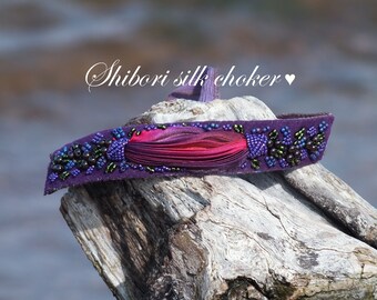 Garnet Choker Necklace: Shibori Silk Ribbon, Bohemian Jewelry